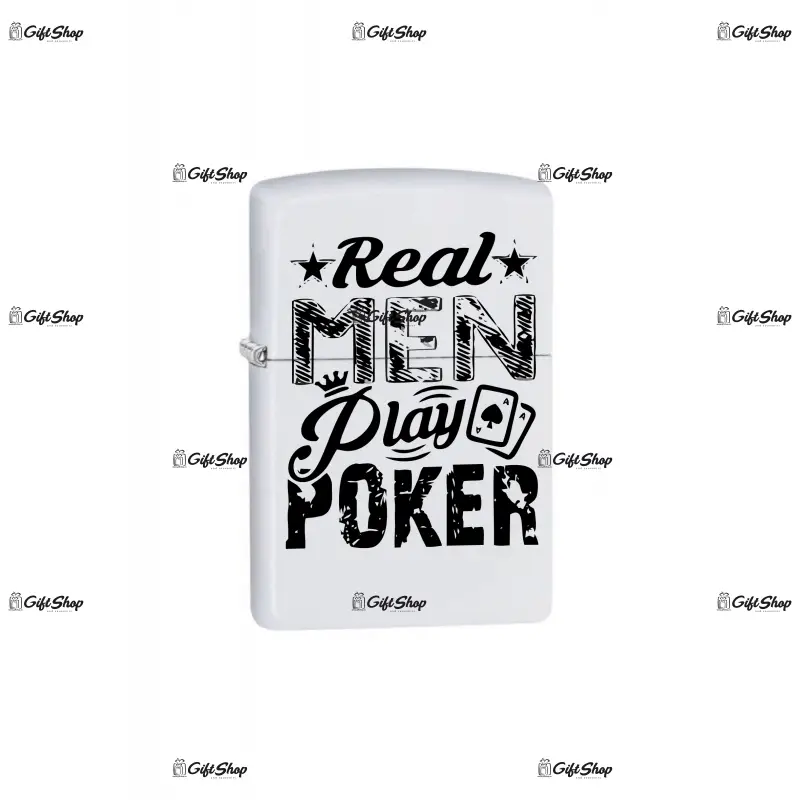 Real man play poker, bricheta metalica gravata laser cu mesaj
